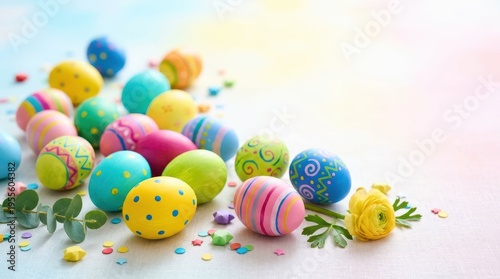 Colorful Easter Eggs Decorated with Paint and Flowers on Table