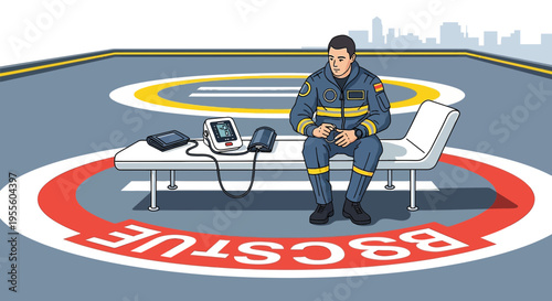 Paramedic in uniform sits on stretcher on helipad with medical equipment