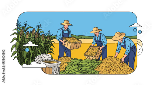 Group of agricultural workers in blue overalls and straw hats works hard to harvest and pack golden grain into large wooden crates.