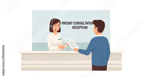 Patient consultation reception: receptionist assisting visitor with documents at counter