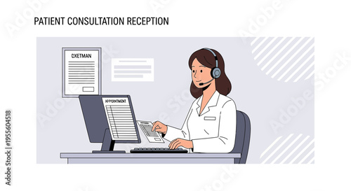 Patient Consultation Receptionist with Headset at Computer in Medical Office