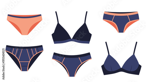 Fashionable selection of women's lingerie sets is displayed in elegant combinations of navy blue and soft peach colored fabrics.