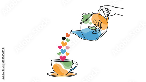 Creative conceptual illustration shows a hand pouring colorful hearts from a decorative teapot into a matching teacup on a saucer.