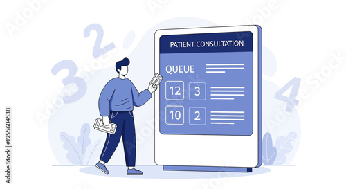 Patient Consultation Queue Display with Man Holding Ticket