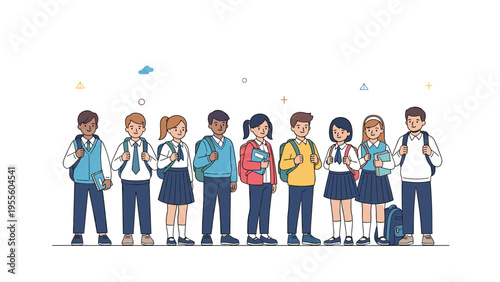 Diverse group of happy school children stands in a row wearing neat uniforms and carrying backpacks ready for their first day of class.