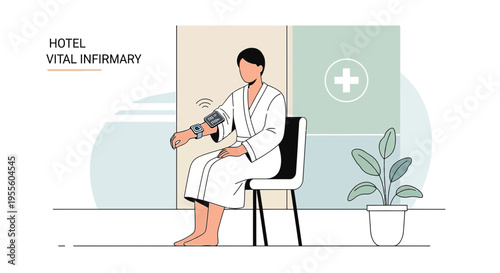 Patient in bathrobe uses smart wearable device for vital signs monitoring in hotel infirmary.