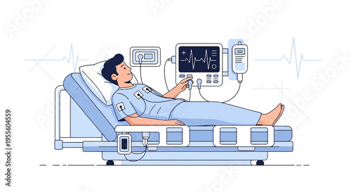 Patient in hospital bed with medical monitoring equipment, vital signs display
