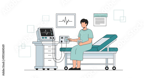 Patient in hospital gown undergoing medical examination with ECG monitor in clinic