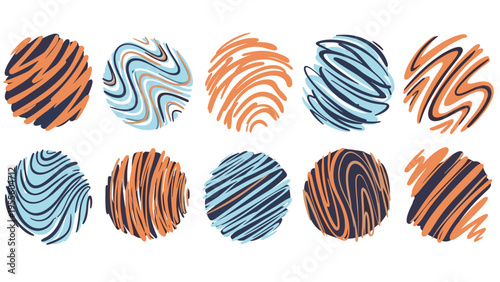 Set of ten abstract circular shapes features unique hand drawn scribbles and wavy line patterns in orange, blue, and dark navy colors.