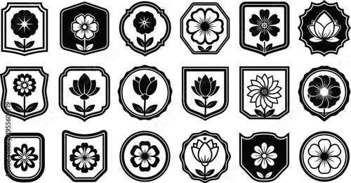 Black and white floral heraldic emblems flowers