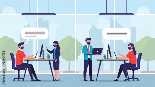 Professional employees wearing protective face masks work at their desks in a modern office following social distancing guidelines.