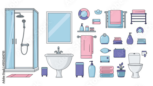 Modern set of bathroom interior icons includes a glass shower stall, white pedestal sink, toilet, and various hygiene accessories.