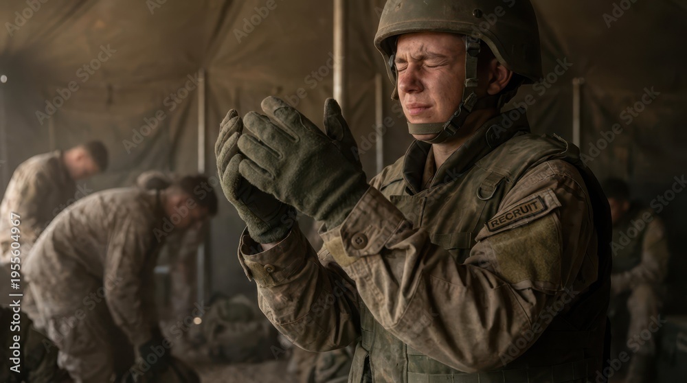 Fototapeta premium Soldier in Uniform with Eyes Closed in Contemplative Moment
