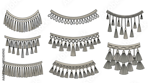 Elegant set of decorative fringe and tassel designs features intricate patterns and flowing textures suitable for textile embellishment.