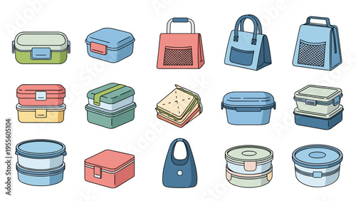 Collection of reusable plastic lunch boxes and insulated fabric bags in different shapes and colors for meal preparation.
