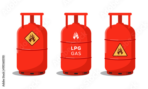 LPG gas cylinder set with flammable hazard symbols and warning signs propane tanks for fuel storage safety industrial vector art.