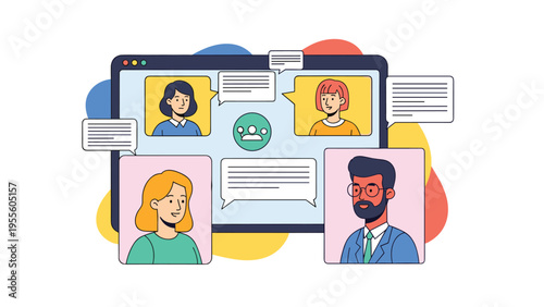 Digital computer screen displaying a group video conference with diverse participants communicating through chat bubbles.