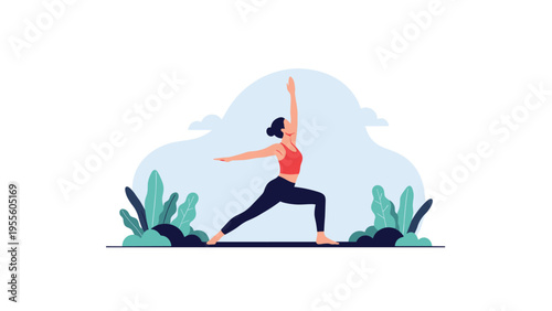 Peaceful illustration of a woman performing a yoga warrior pose in a serene outdoor setting with stylized blue clouds.