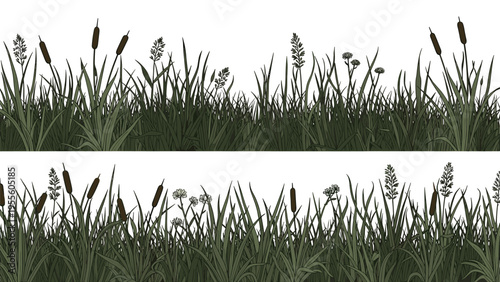 Detailed green silhouette of tall marsh grass and aquatic reeds with bullrushes against a clean white background.