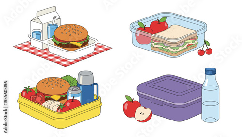 Assortment of healthy lunch options including sandwiches, burgers, fruit, and beverages packed in colorful containers.