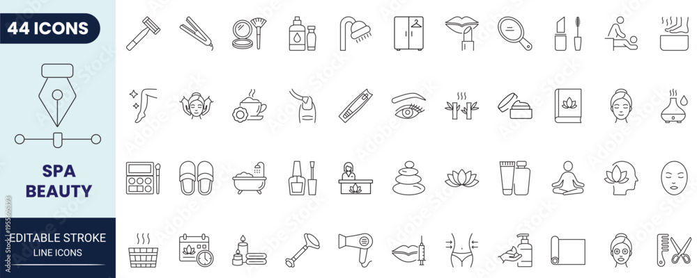 Naklejka premium Spa and beauty icon set in outline style. Collection of spa, beauty, skincare, wellness, relaxation, and salon. Editable stroke. Vector icon collection.