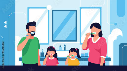 Family of four practicing good dental hygiene by brushing their teeth together in a bright modern bathroom setting.