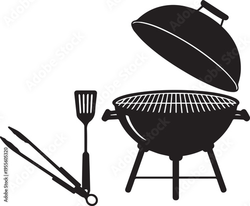 Barbecue grill silhouette vector illustration with spatula and tongs for outdoor cooking