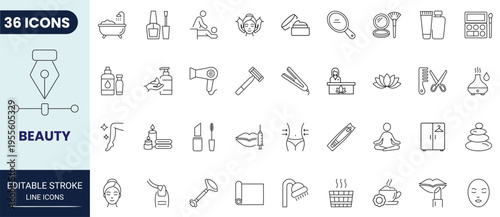 Beauty icon set in outline style. Modern icon collection. Editable stroke. Full vector collection.