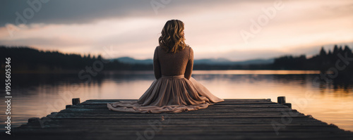 Woman in dress relaxing by lake at sunset different places serenity outdoor back view tranquility