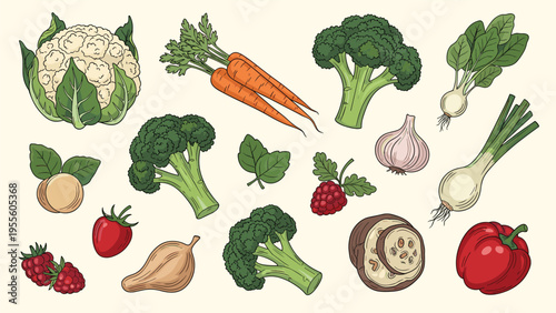 Collection of hand-drawn vegetable and fruit illustrations including broccoli, carrots, cauliflower, and colorful peppers.