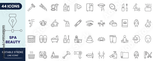 Spa and Beauty icon set in outline style. Modern icon collection. Editable stroke. Full vector collection.