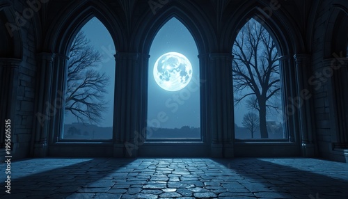 Gothic arched windows frame a large moonlit night sky. Silhouettes of bare trees stand against the dark expanse. Stone floor and walls suggest an old interior space.