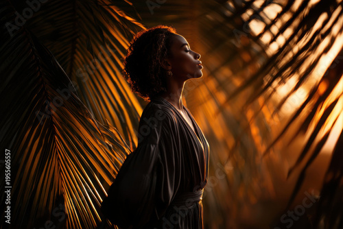 Woman in elegant dress posing amidst tropical palm trees at sunset celebrating diverse cultures and fashion styles