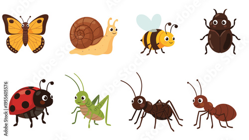 Adorable collection of cartoon insect characters including a butterfly, snail, bee, ladybug, and hardworking ants.