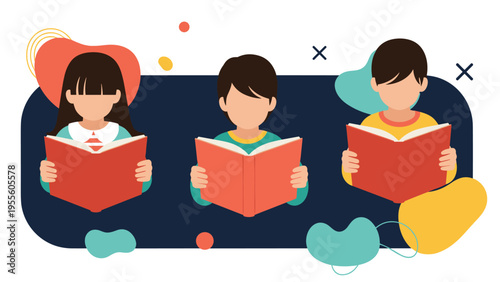 Three young children deeply engrossed in reading their books together in a cozy and stylized educational setting.