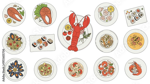 Delicious assortment of gourmet seafood dishes featuring lobster, pasta with mussels, grilled salmon, and sushi platters.