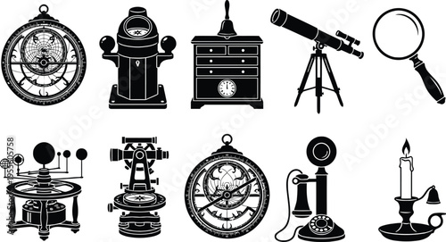 Collection of vintage scientific and antique objects in black