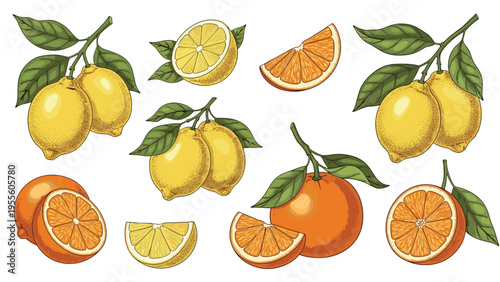 Vibrant collection of fresh citrus fruits including whole lemons, sliced oranges, and leafy green branches in a hand-drawn style.