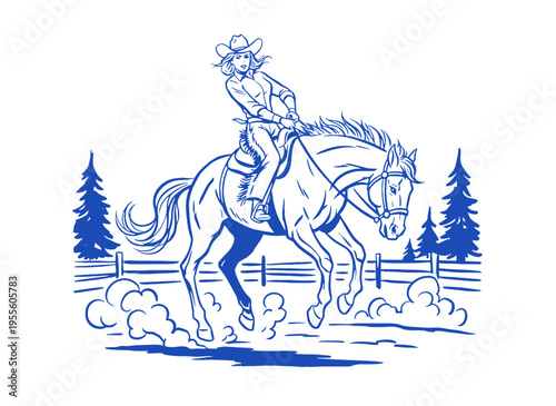 Cowgirl riding horse vintage art. Western adventure for t shirt. Horse rider apparel graphics. Wild west poster design. Ranch life sticker artwork.