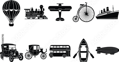 Collection of various transportation vehicles in black silhouette