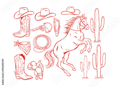 Wild West cowboy set. Horse and rodeo artwork for t shirt. Vintage western design elements. Cactus and boots graphics. Cowboy lifestyle collection.