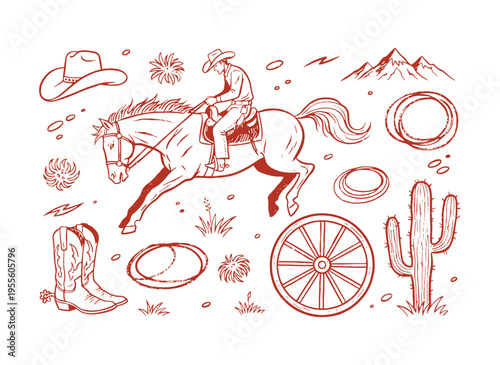Cowboy riding horse vintage artwork. Western desert apparel design. Wild west mountain graphics. Rodeo life sticker design. Mountain adventure logo.