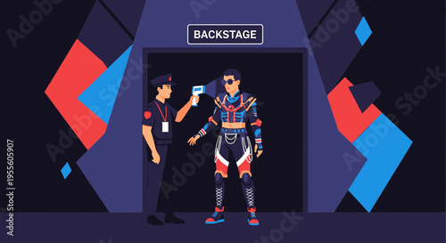 Security guard checks person with thermal scanner at backstage entrance, event access control