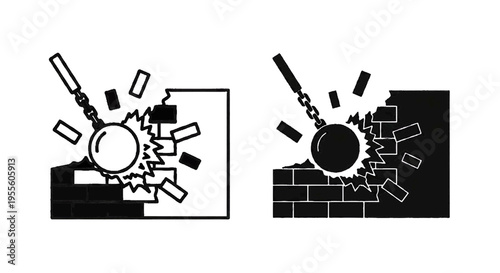 Vector illustration of wrecking ball hitting a brick wall icon set