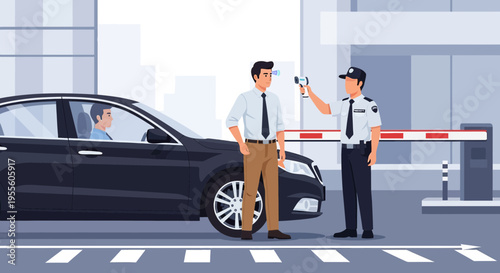Security guard checks temperature of driver at checkpoint with car and barrier