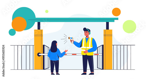 Security guard checks temperature with infrared thermometer at checkpoint, woman at entrance
