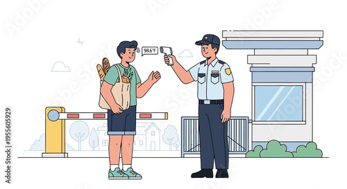 Security guard checks temperature of person with groceries at gate, safety measures