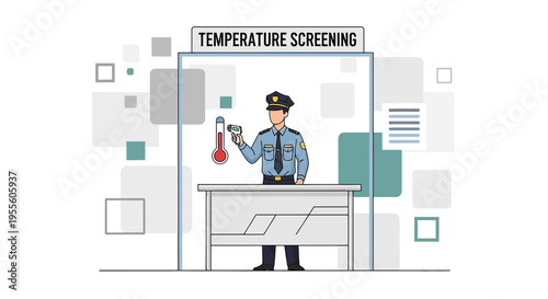 Security Guard Checks Temperature with Thermometer at Screening Station