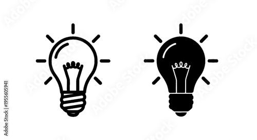 Vector illustration of light bulb icon set, outline and solid style, vector illustration