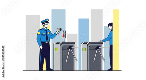 Security guard checks temperature with infrared thermometer at turnstile entrance